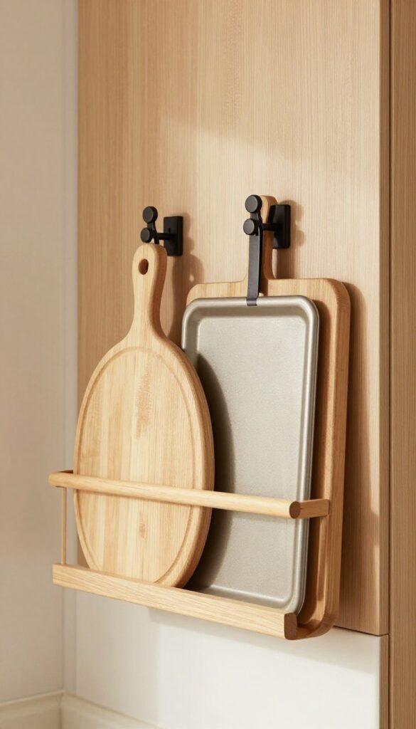 Over-the-door rack with wooden cutting boards and trays in a cozy kitchen