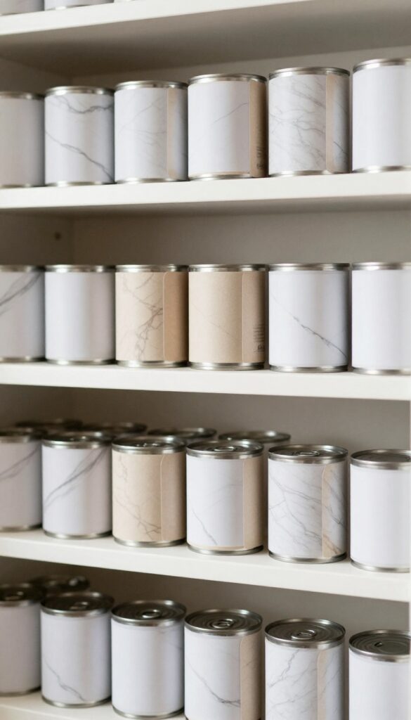 Pantry shelf with canned goods organized by DIY cardboard dividers covered in marble contact paper.