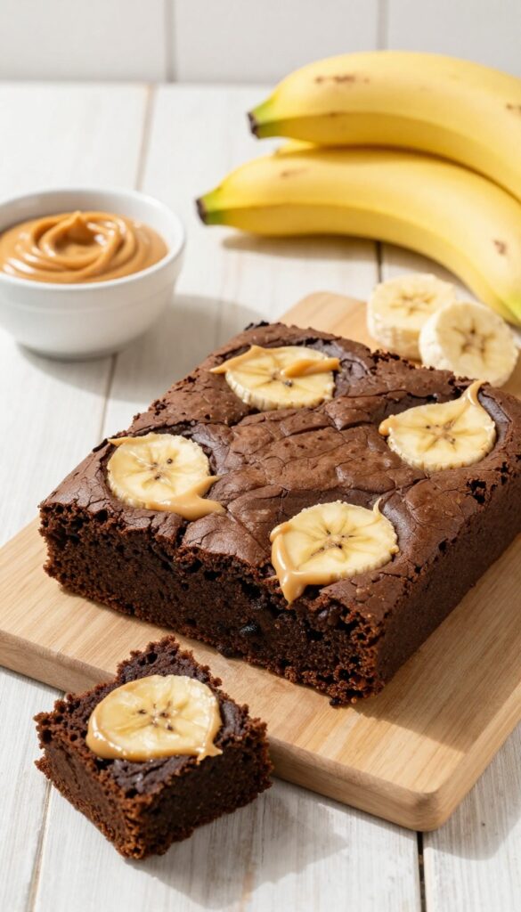 Vegan peanut butter banana brownies with peanut butter swirls on a wooden table