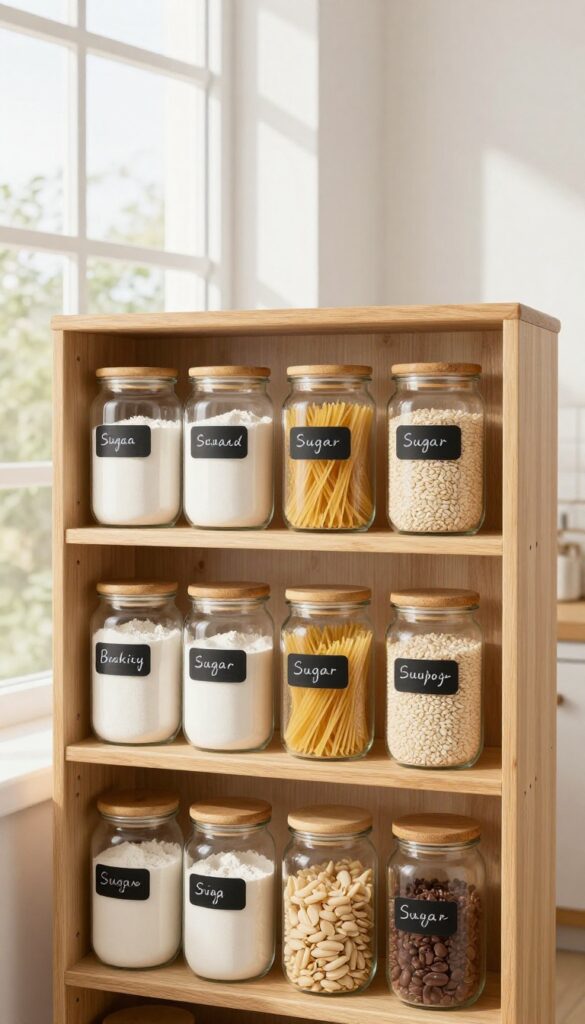 Clear glass jars for pantry staples on a shelf with bamboo lids and labels.