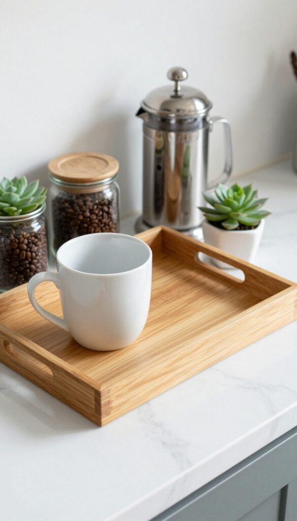 A wooden tray on a marble countertop holding coffee essentials, including a mug, French press, canister, and succulent, in bright natural light.