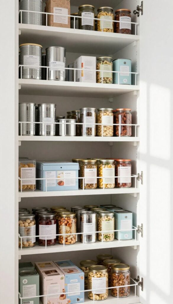 Deep pantry with pull-out shelves fully extended, showing neatly organized cans and jars in bright natural light.