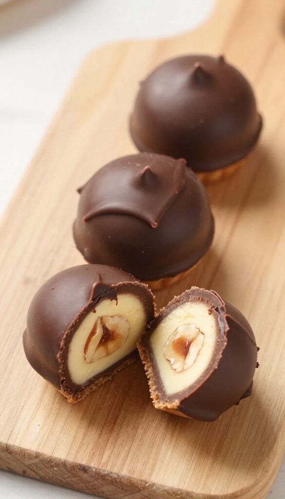 Chocolate hazelnut mini cheesecakes with glossy ganache and a cutaway showing hazelnut center