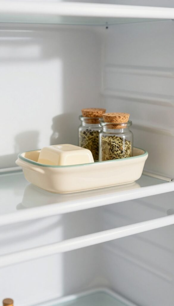 Vintage ceramic butter dish and glass jars on a refrigerator shelf