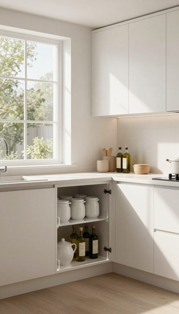 Open corner cabinet with a clear acrylic lazy Susan holding organized kitchen essentials