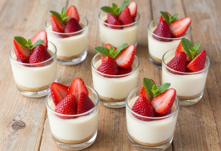 Seven keto strawberry cheesecake cups in glass cups on a wooden table, topped with fresh strawberries and mint.