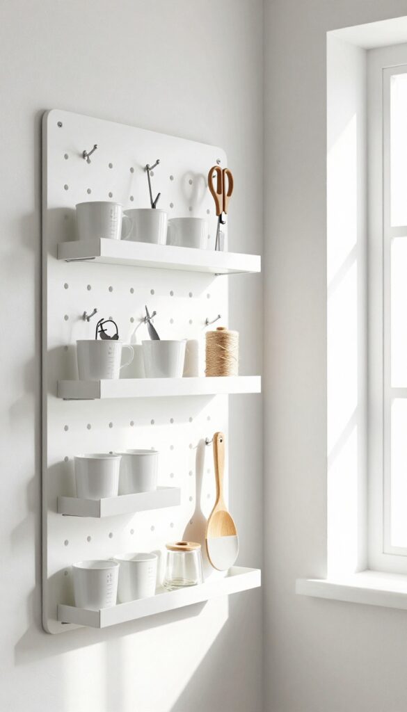 Pantry with white pegboard wall holding kitchen tools and measuring cups