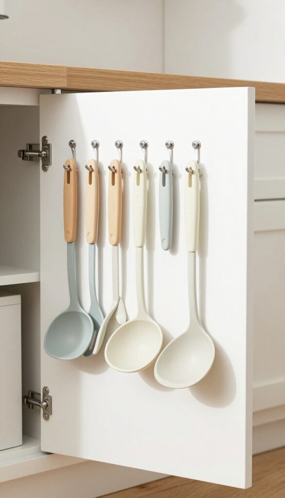 Inside a camper cabinet door with Command hooks holding hanging kitchen utensils