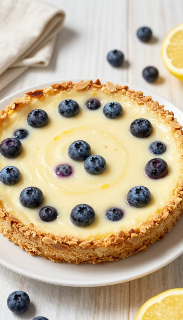 Lemon blueberry cheesecake bar slice on white plate with fresh blueberries and lemon slices on wooden table.
