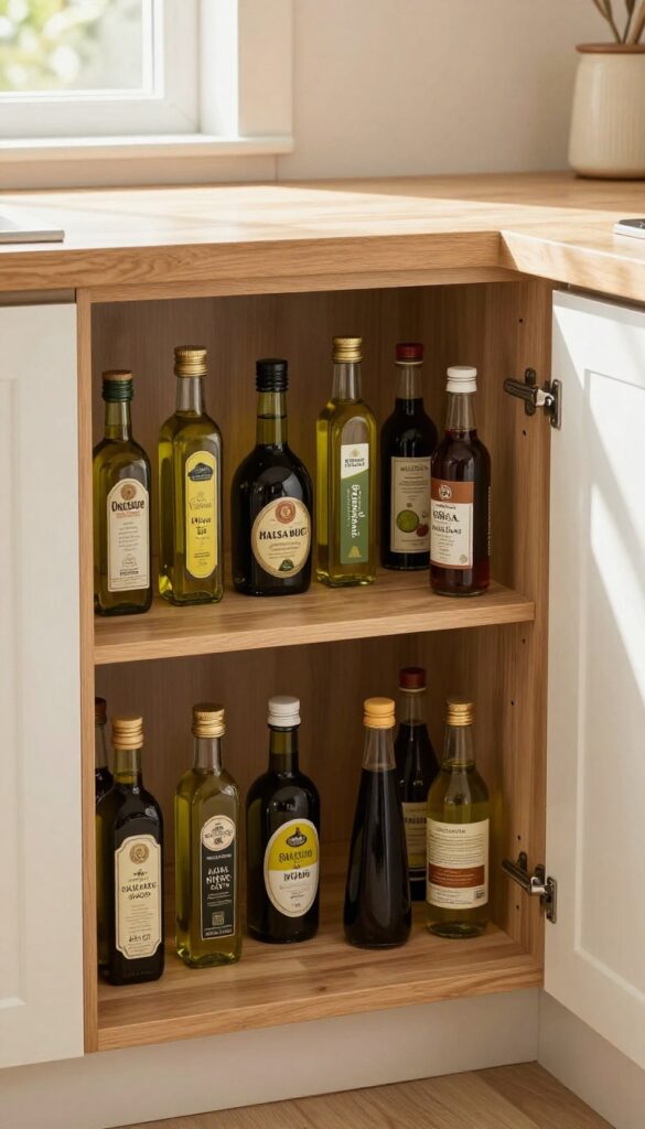 Open corner cabinet with a wooden lazy Susan holding organized bottles of oil and vinegar