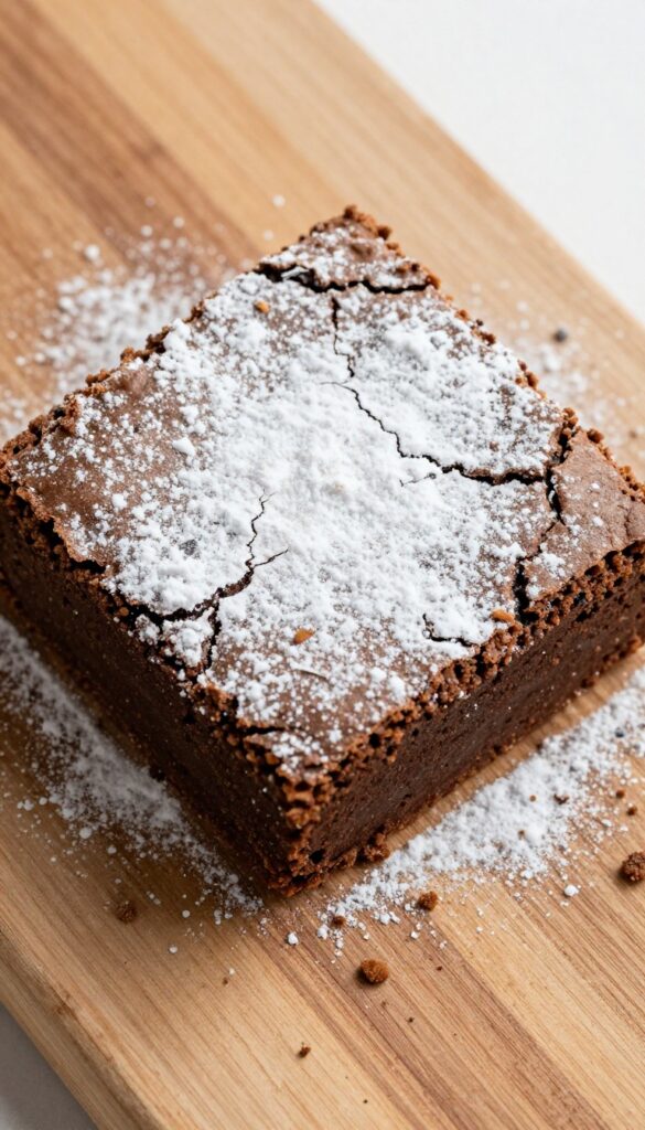 Classic fudgy cocoa brownie with crackly top and powdered sugar