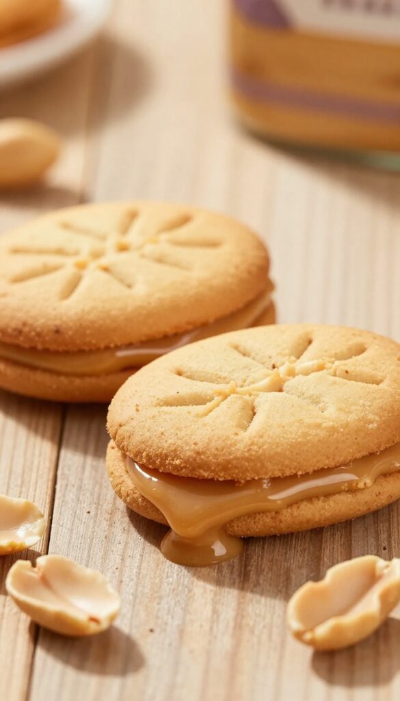 Two peanut butter sandwich cookies with creamy filling on a wooden table