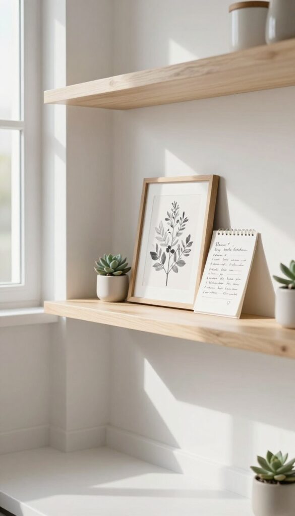 A kitchen shelf with a narrow ledge displaying a small framed print, a recipe card, and a tiny trailing plant, styled in bright natural light.