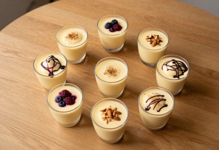 Nine keto vanilla custard cups with various toppings on a wooden table