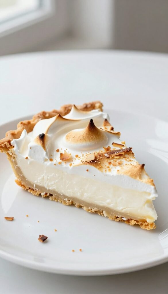 Slice of toasted coconut meringue pie on a white plate, showing golden crust, creamy custard, and toasted meringue peaks.