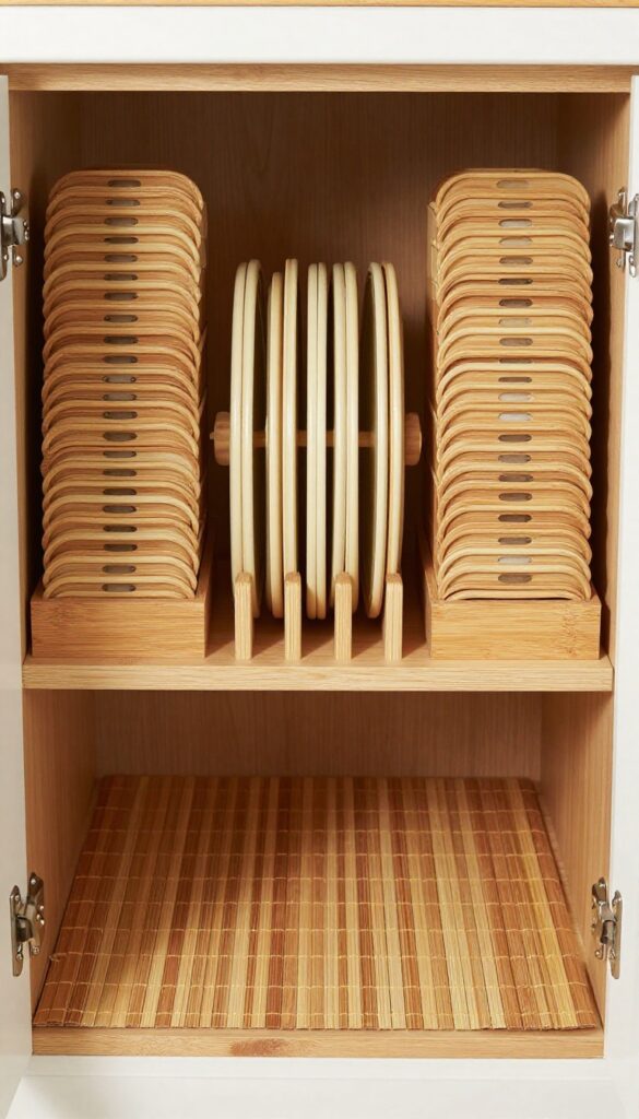 Pot lids stored upright in a wooden file organizer inside a kitchen cabinet