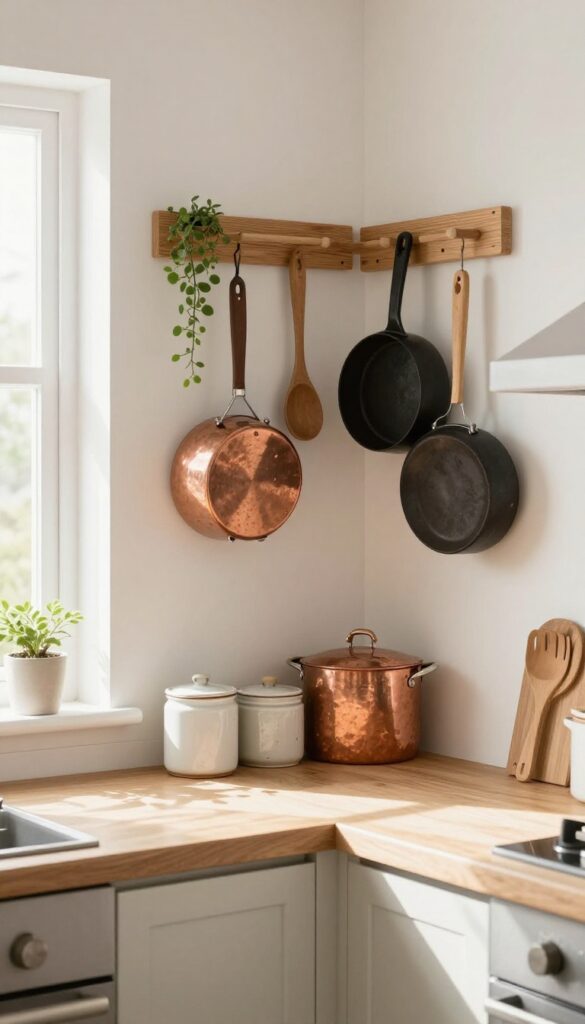 Warm wood pegboard in a cozy kitchen holding pots, pans, and utensils, with natural light and clean countertop.