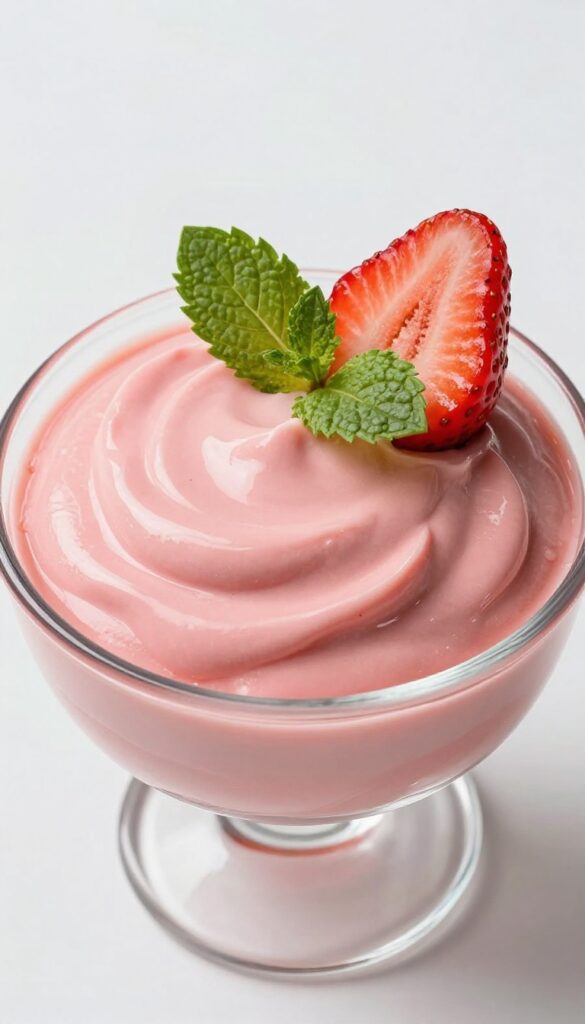 Dairy-free keto strawberry mousse in a glass bowl with fresh strawberry and mint garnish.