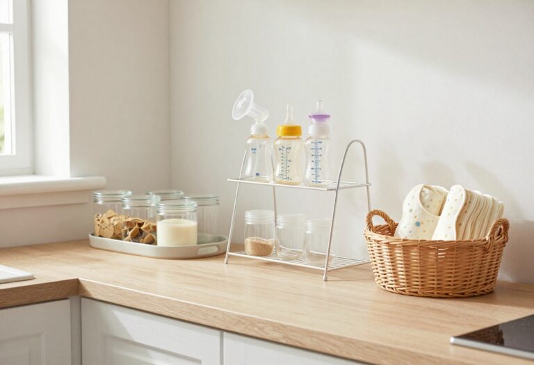 A tidy kitchen counter with baby bottle drying rack, clear canisters, and a basket of rolled bibs in natural light.