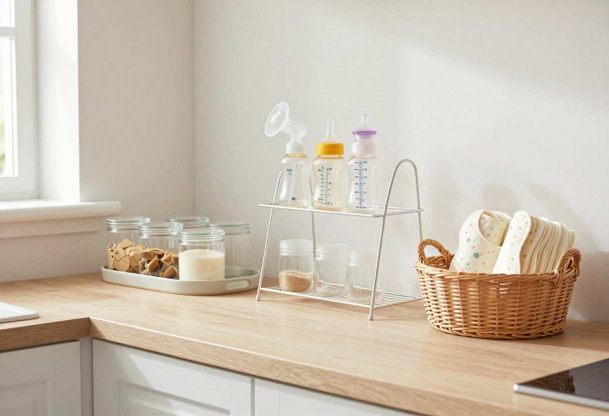 A tidy kitchen counter with baby bottle drying rack, clear canisters, and a basket of rolled bibs in natural light.