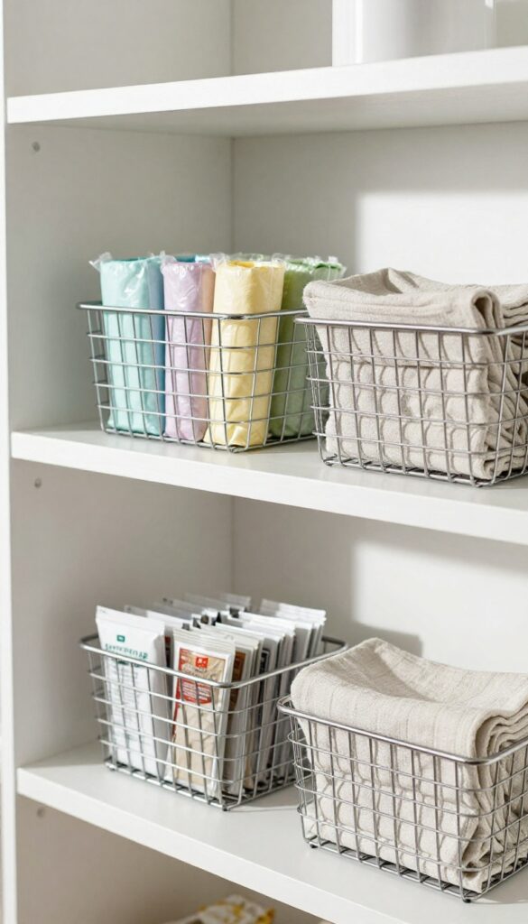 Small wire baskets on a pantry shelf holding rolled produce bags, a folded kitchen towel, and spice packets