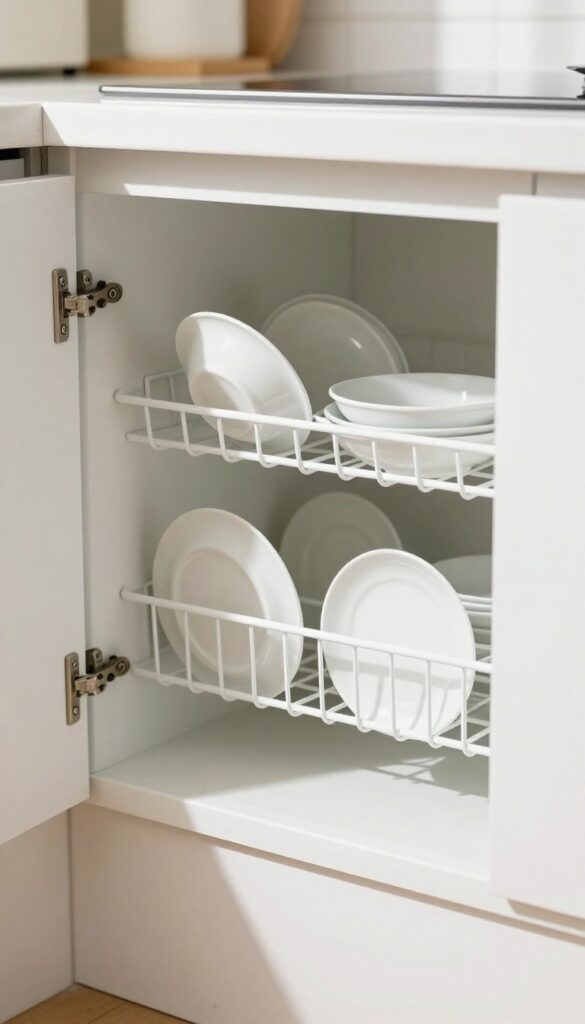 Over-the-door rack on an open cabinet door holding small plates and saucers, with natural light illuminating the scene.