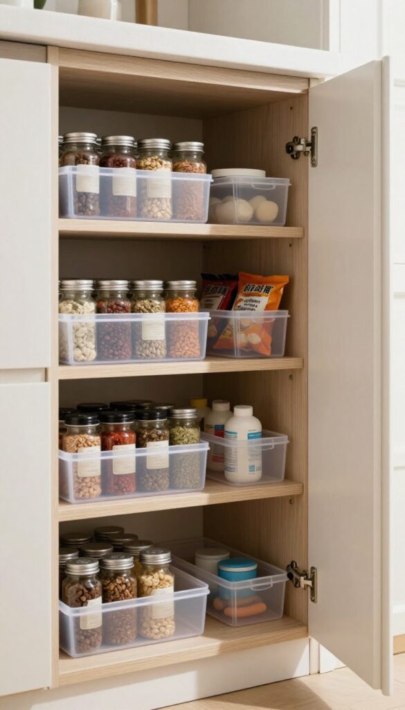 Open pantry door with a clear over-the-door organizer holding spices and snacks, bright natural light
