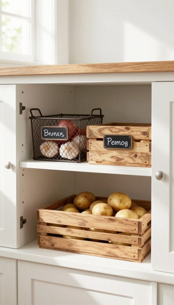 Open bins for produce on a pantry shelf, with garlic, onions, and potatoes in wire mesh and slatted wood bins, natural light, farmhouse style.