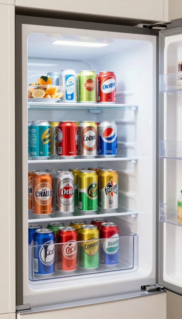 Clear acrylic stackable can dispensers holding colorful soda and beer cans in an organized refrigerator