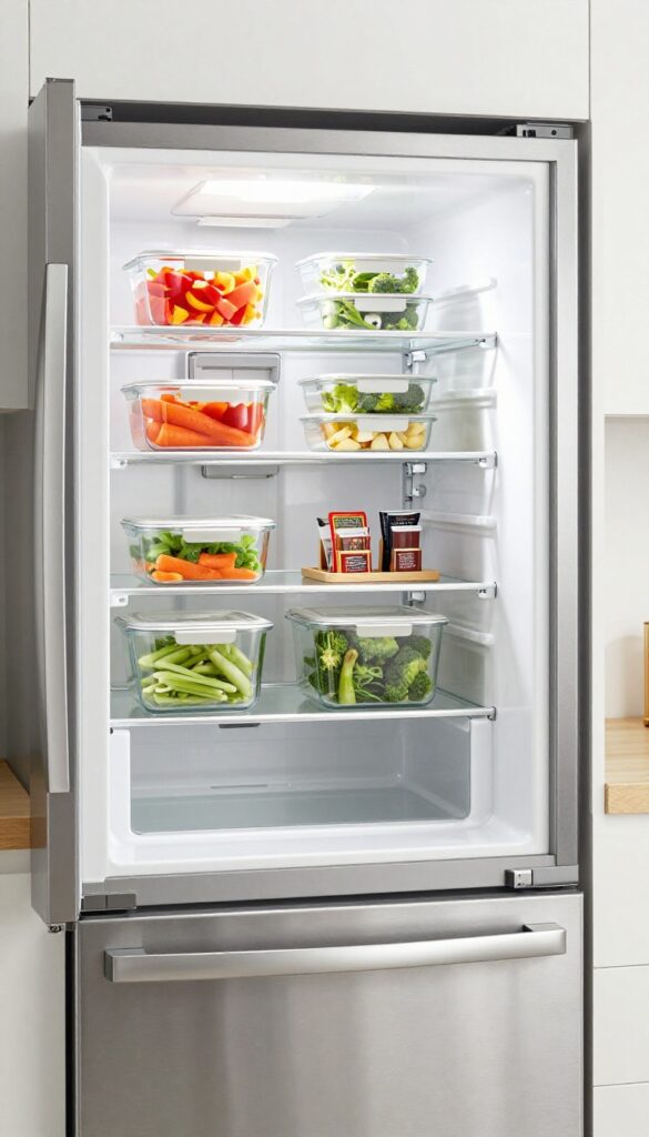 French door fridge with a dedicated meal prep shelf featuring clear glass containers of chopped vegetables and labeled stackable containers, bright natural light, organized interior.