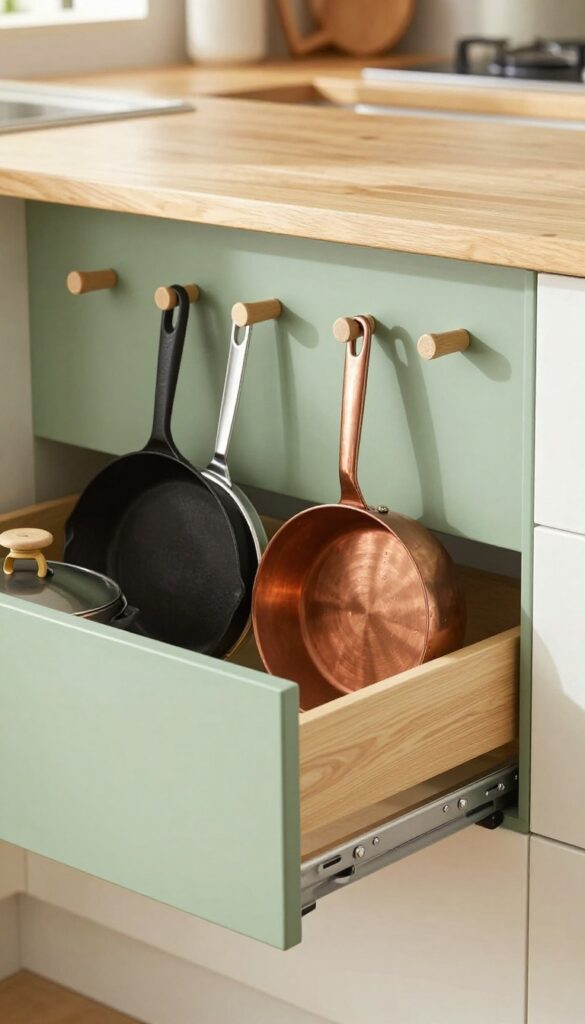 Deep kitchen drawer with sage green pegboard insert organizing pots and pans vertically, warm natural light, cozy kitchen background.