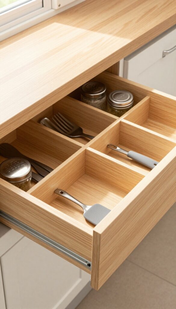 Camper drawer with custom cardboard dividers organizing utensils and spice jars