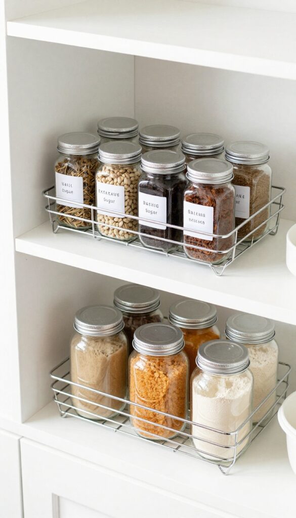Stackable wire shelf risers on a pantry shelf, creating two tiers of organized jars and containers.