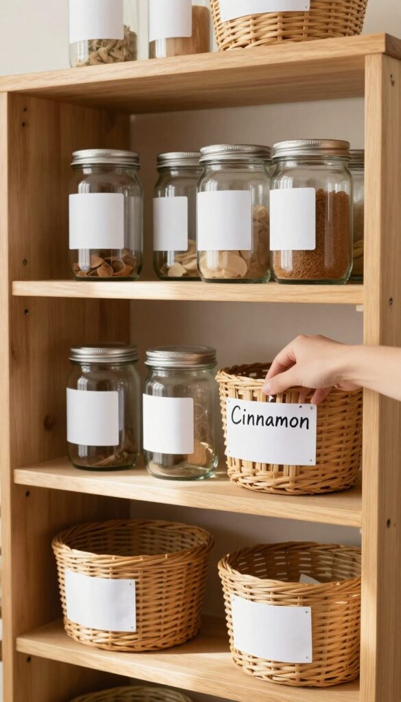 Organized pantry with labeled jars and baskets on wooden shelves