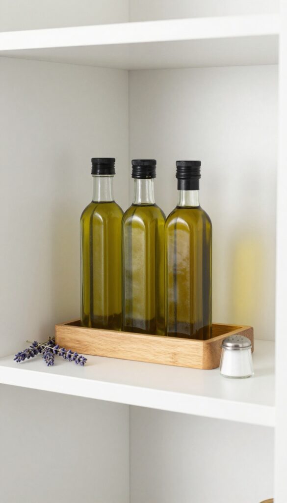 Pantry shelf with wooden tray holding oil and vinegar bottles, dried lavender, and salt cellar, neatly organized.