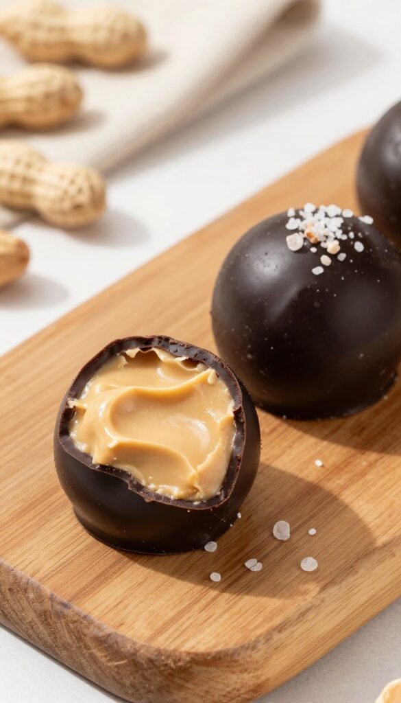 Dark chocolate truffles with creamy peanut butter filling, sprinkled with sea salt, on a wooden board.