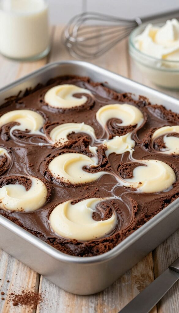 Cheesecake swirl brownies in a square pan with creamy swirls, fudgy texture, and natural lighting on a wooden table.