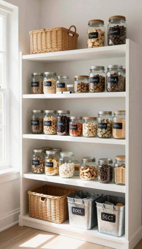 Pantry shelves with labeled jars and baskets using chalkboard stickers, bright natural light.