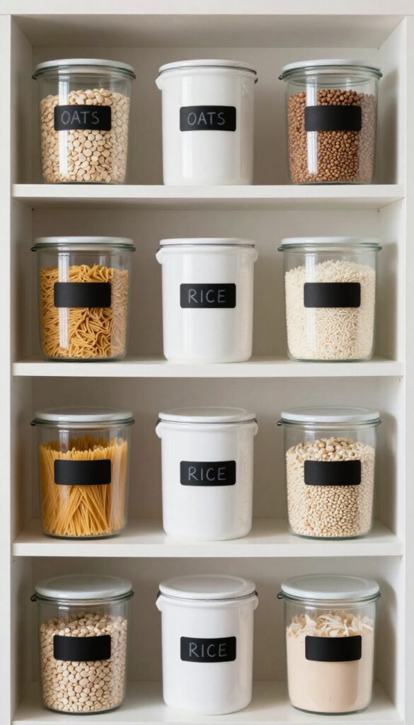 Pantry shelf with clear containers labeled with chalkboard tape, filled with grains and pasta, natural lighting