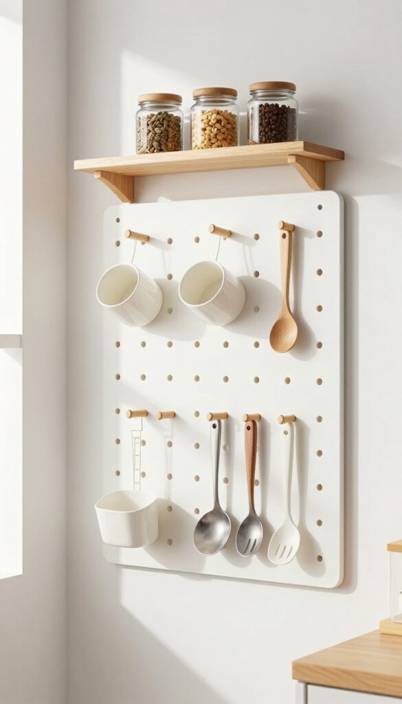 A pegboard in a pantry holding kitchen tools and spice jars, with natural light illuminating the organized setup.