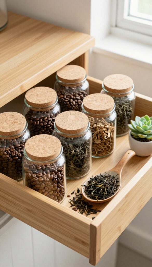 A neatly organized kitchen drawer with glass jars of coffee and tea on a bamboo tray.