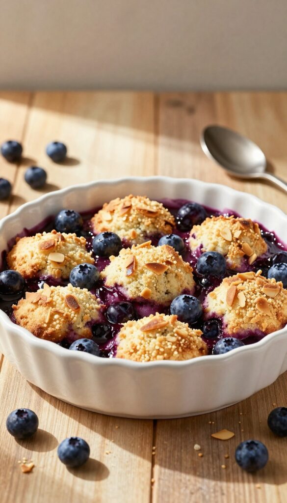 Gluten-free blueberry cobbler with almond flour biscuits in a baking dish on a wooden table