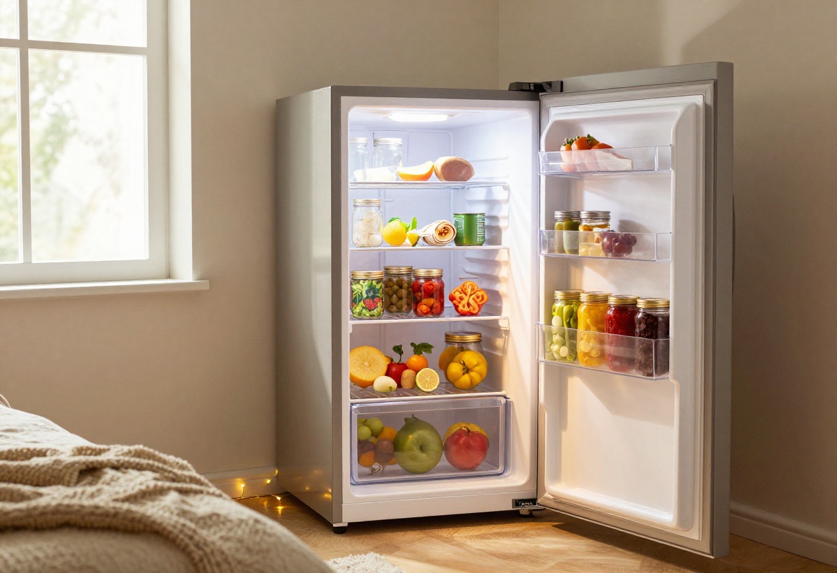 Cozy dorm fridge with organized bins and warm lighting