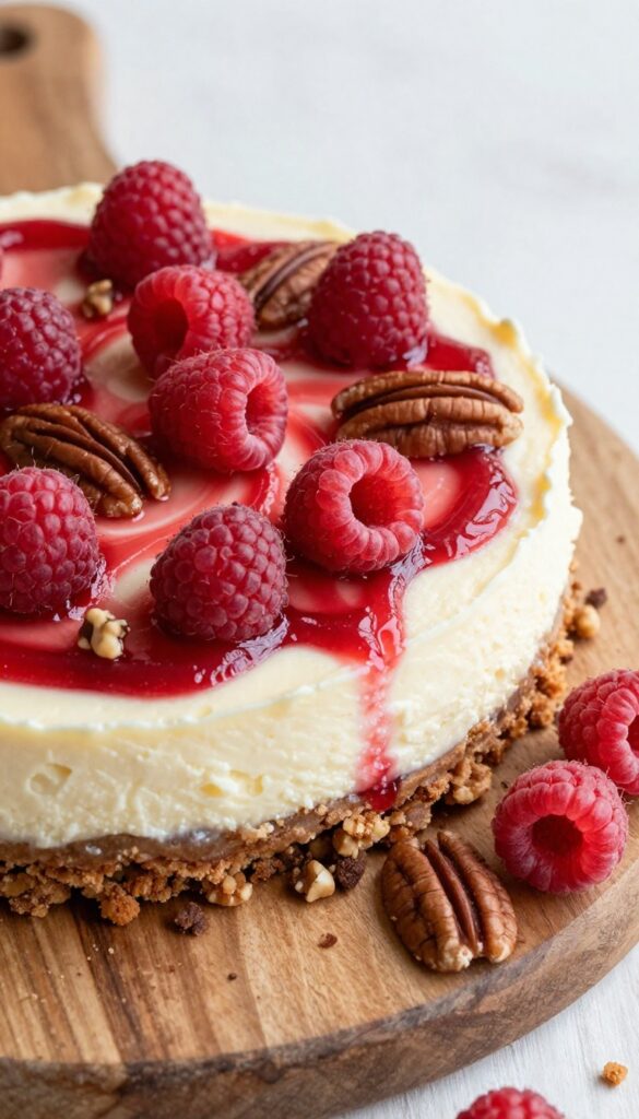 No-bake raspberry cheesecake bar with pecan crust and raspberry swirl on a wooden board