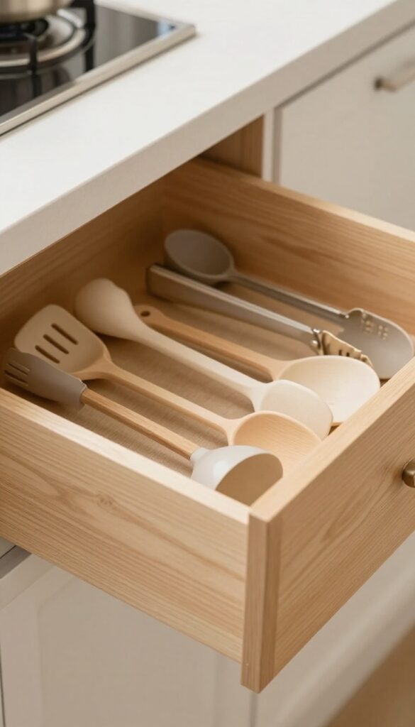 Organized kitchen drawer with wooden dividers holding cutlery and gadgets neatly separated.