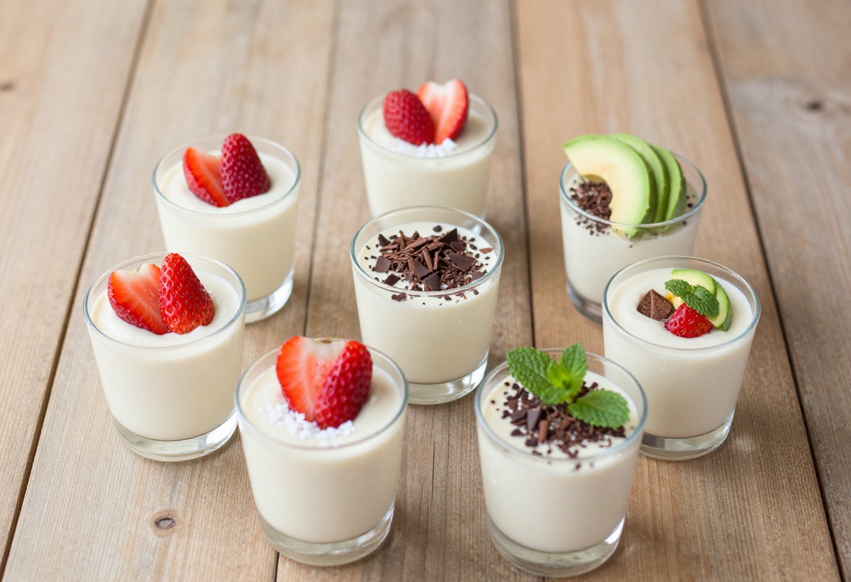 Five keto strawberry mousse desserts in glass cups with various garnishes on a wooden table.