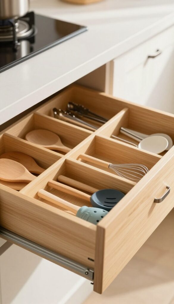 A neatly organized kitchen utensil drawer with bamboo dividers, each utensil in its own compartment, bathed in natural light.