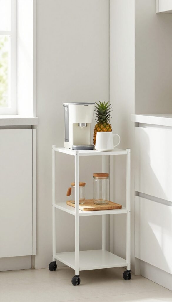 Slim rolling cart in narrow kitchen gap holding coffee maker and accessories, bright natural light