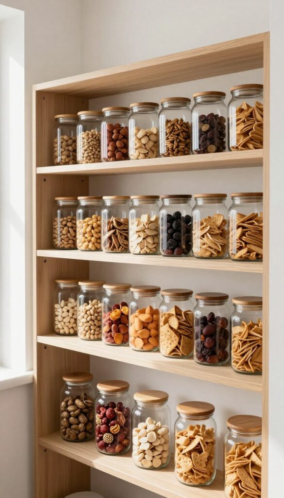 Clear glass jars with wooden lids on pantry shelves filled with snacks