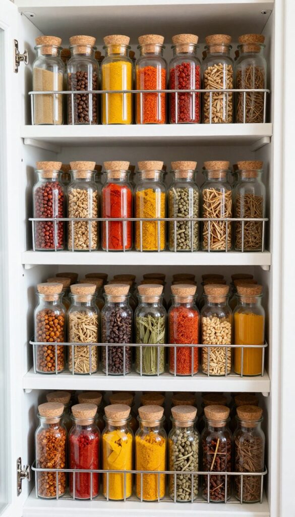 Over-the-door wire baskets on a pantry door filled with glass jars of spices, creating an organized and airy spice station.